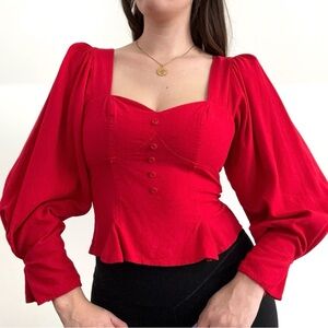 Selfie Leslie Vibrant Vintage Red Blouse with Balloon Sleeves